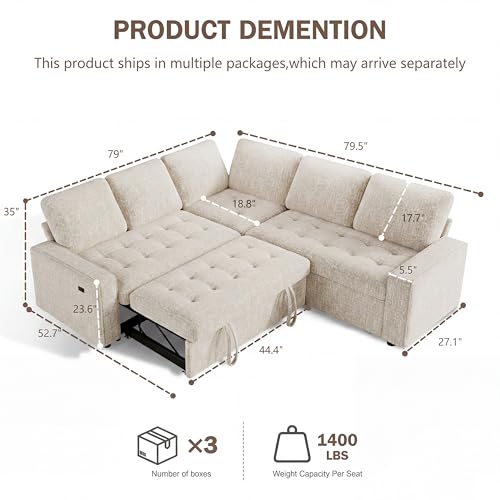Image of Vipbear 85 Inch Modular Sectional Sofa with Pull Out Bed, Chenille L Shaped Sectional Sofa with USB Ports /Reclining Backrest /Storage Seats, Tool-Free Assembly, Sofa Couch for Living Room Begie