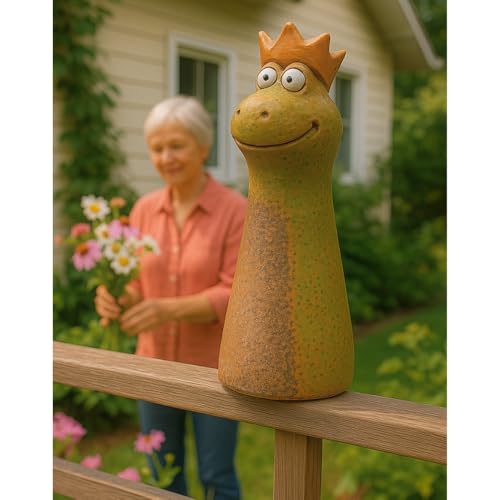 Keramik Zaunstecker, Zaunhocker, Zaunfigur, Gartenfigur, Gartendeko, Dekofigur Zaun, Figur für Gartenzaun als Froschkönig Zaunhocker Froschkönig aus Steingut in grün, L/B/H 8 x 8 x 18 cm.