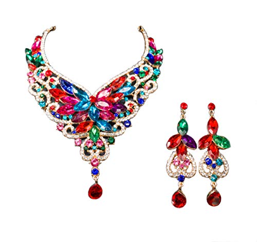 Luxury Chunky Bib Collar Crystal Statement Necklace and Dangle Earrings Wedding Jewelry Set (Multi Color)