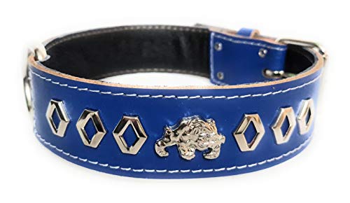 M&D - Collare per cani in pelle, larghezza 3,8 cm, con motivo decorativo e distintivo inglese e britannico Bulldog (medio: 45,7-55,9 cm, blu)