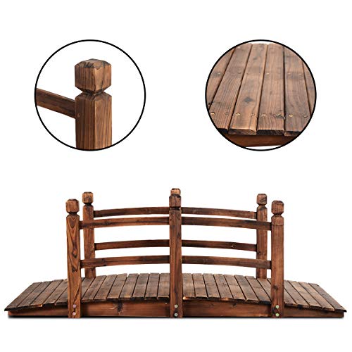 Bild 5 GOPLUS Holzbrücke aus Tannenholz, Gartenbrücke bis 100 kg, Teichbrücke Braun, Zierbrücke mit Geländer, 150x67x55cm (Braun)