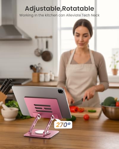Image of LOXP Metal Tablet Stand, 360 Rotating iPad Stand with Heavy-Duty Base, Tablet Holder Compatible with 4.7-16.9 inch Device, iPad Pro Air Mini, Kindle, Surface Tablet, Portable Monitors - Pink