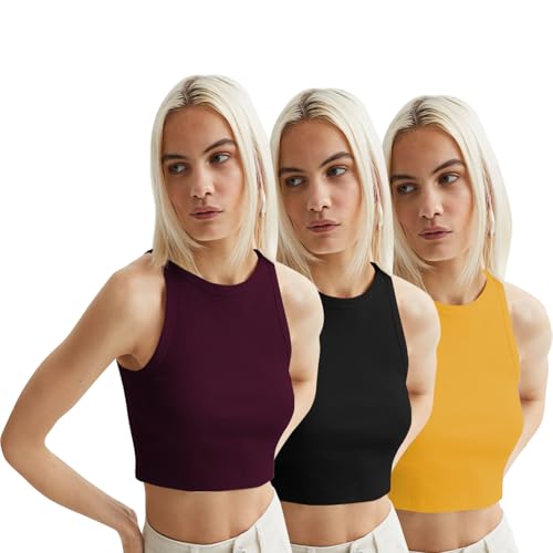 Image of KERI PERRY Tops for Women Crop Top for Women's Tank Activewear Tee Sports Western Casual Cotton Camisole Pack of 3 Combo