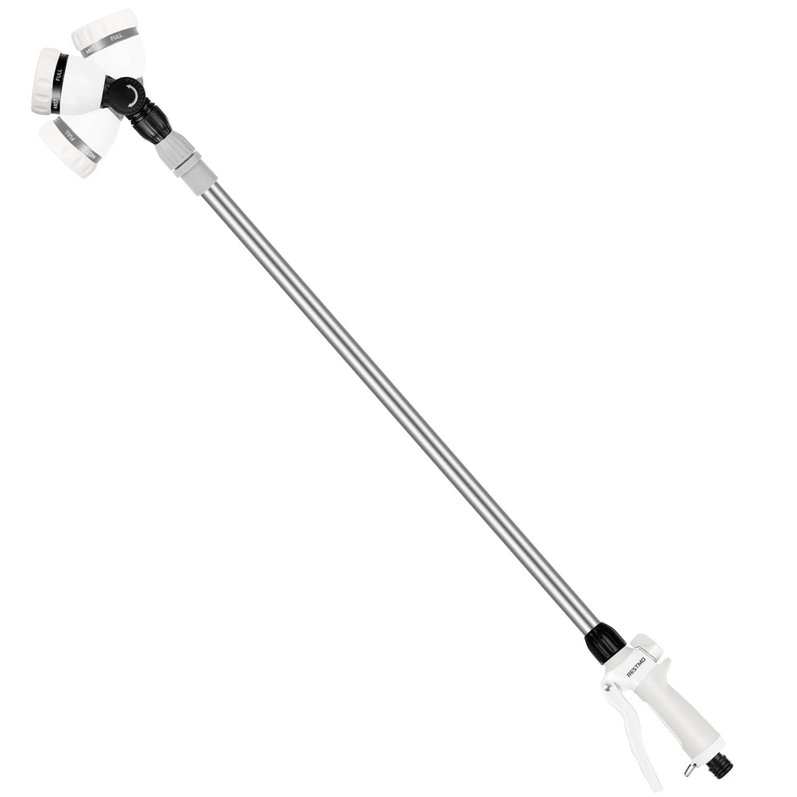 RESTMO 91–152 cm Metal Watering Wand, Long Telescopic Tube | 180° Adjustable Ratcheting Head | 7 Spray Patterns | Flow Control, Garden Hose Sprayer to Water Hanging Baskets, Shrubs, White