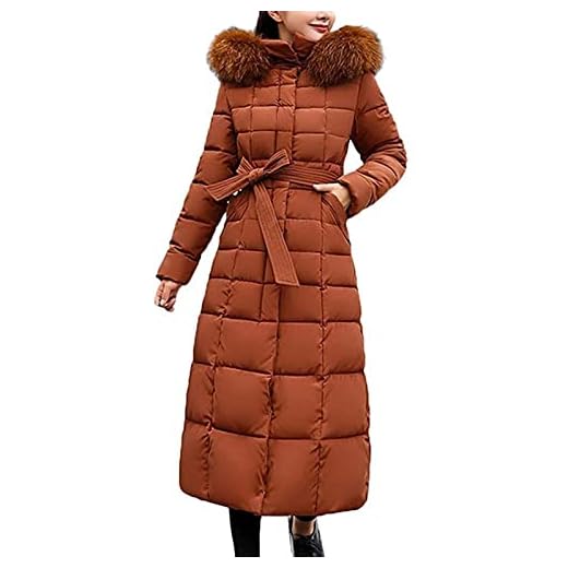 SKYWPOJU Kvinnor dunjacka Vinterjacka Quiltad jacka Vinterjacka Lång dunjacka Parka jacka Ytterkläder Dam Vintervarm dunjacka med pälskrage Kappa Quiltad rock (Color : Brown, Size : XXL)