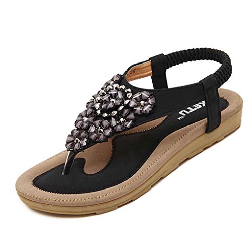 Start Women Summer Beaded Flower Flats Herringbone Sandals Beach Shoes (US=10, Black)