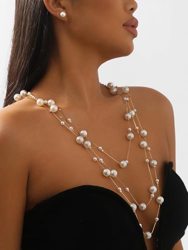 Vintage Pearl Multi Strand Necklace for WomenPearl Tassel Long Chain Necklace Set with Pearl Studs Boho Dainty Beads Layered Necklace Retro Prom Wedding Dress Jewelry Accessories3
