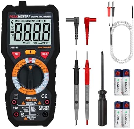 Multimetro digitale 6000 Counts TRMS Ohm Volt Amp Meter AC/DC Tensione Corrente Resistenza Diodo Capacità Frequenza Temperatura di Duty NCV con grande display LCD Retroilluminazione e torcia elettrica