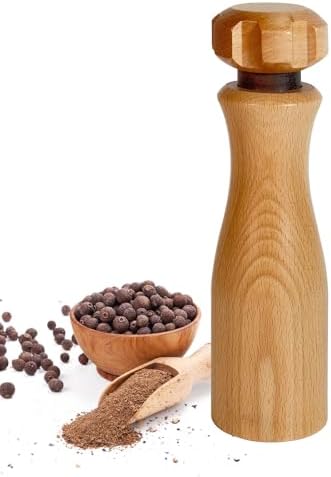 Wooden Pepper Grinder – 【Gear-Shape Knob & Effortless Grinding】8 in Salt Grinder Refillable & Pepper Mill with Adjustable Coarseness,Beech + Black Walnut, Premium Ceramic Mechanism for both kitchen