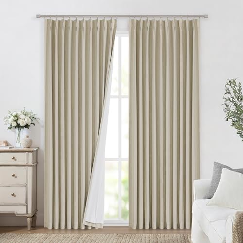 Image of Vision Home Sand Pinch Pleated Full Blackout Curtains Linen Blended Room Darkening Window Curtains 95 inch for Living Room Bedroom Thermal Insulated Pinch Pleat Drapes with Hooks 1 Panel 60 inch Wx95 L