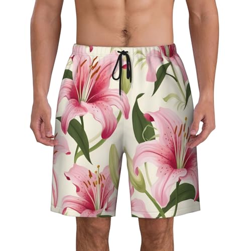 Lily Flowers Print Men's Beach Pants Lightweight Quick-Dry Swim Pants with Mesh Lining for Men