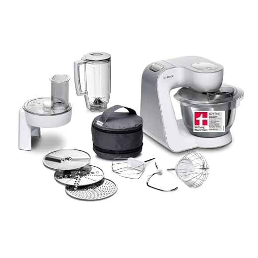 Bosch Küchenmaschine MUM5 CreationLine MUM58W20, Edelstahl-Schüssel 3,9 L, Mixer 1,25 L, Planetenrührwerk, Knethaken, Schlag- und Rührbesen Edelstahl, Durchlaufschnitzler, 3 Scheiben, 1000 W, weiß