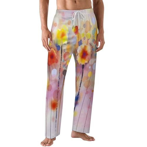 Bagea-Ka Watercolor Poppy Flower Pattern Mens Pajama Pants Lounge Sleep Long Pants with Pocket Loungewear