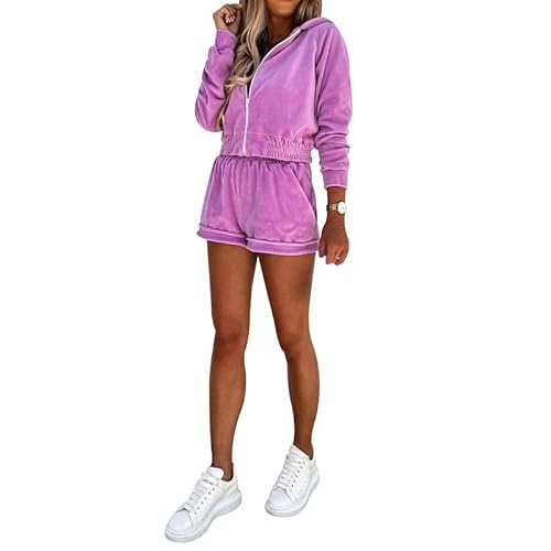 WAIDFU Femmes Casual Survêtement Manches Longues Zip Up Couleur Unie Hoodies + Shorts 2 Pièces Tenue De Sport Cover