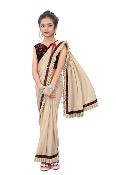 Kids Girls Lycra Blend Ready To Wear Saree With Sequence Blouse Piece (3-4 to 5-6 Years) (Chicku)-image-41