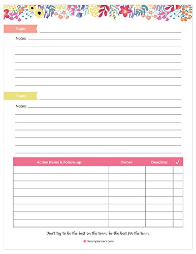 Bloom Daily Planners 8.5" X 11" Double Sided Meeting Pad - Topics, Takeaways, Action Items & Follow-Ups - Undated Meeting Notes Agenda Organizer #TOP1