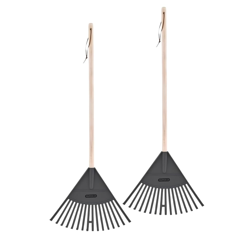 Superio Kids Leaf Rake, 34-Inch Lawn Rake with Hardwood Handle &amp; Durable Plastic Head for Yard, Garden &amp; Leaf Cleanup, Gray, 2 Pack