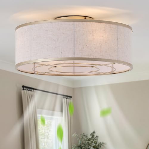 Image of Gold Flush Mount Ceiling Fans with Lights, 20 inch Caged Boho Ceiling Fan with Light and Remote, Bladeless with 6 Speeds for Bedroom, Nursery, Living Room