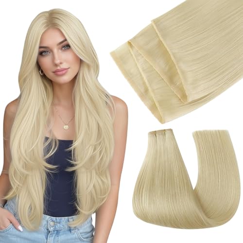 Easyouth 100g Human Hair Butterfly Weft Extensions Blonde Ovo Weft Hair Extensions Human Hair Platinum Blonde Pu Hole Wefts Human Hair Extension 20 Inch Genius Wefts Human Hair Extension Easy to Apply