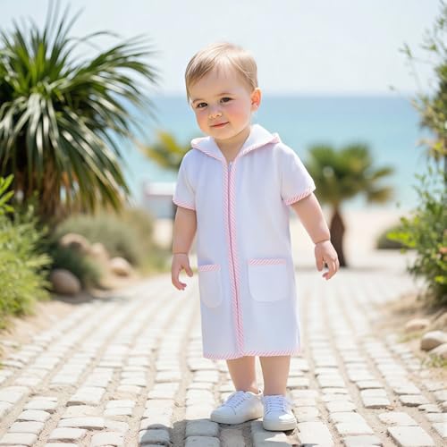 Image of Girls Boys Hooded Terry Coverups One Piece Swimsuits Summer Striped Trim Zip Up Short Sleeve Swim Cover Up Beachwear