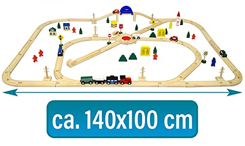 messefix 96 Teile XXL Holzeisenbahn Set - 6m Eisenbahn mit Schienen - Holz Eisenbahn Kinder Zug Spielzeug - Holzspielzeug Zug Holzzug Set - Holzeisenbahn für Kinder - Holzschienen Eisenbahn Zubehör – Bild 3