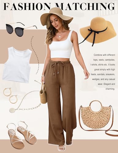 Image of UMIPUBO Womens Linen Pants Flowy Palazzo Wide Leg Pants | Casual Pants,High Waisted Drawstring Trousers,Drawstring Elastic Waist Trousers,Summer Beach Vacation Pants