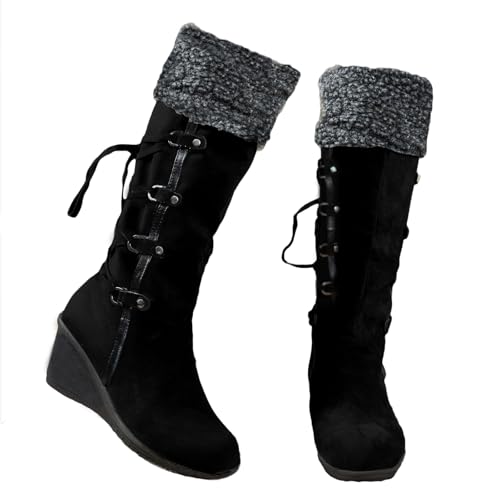 Womens Faux Fur Knee High Boots Fluffy Furry Wedge Heel Pull on Snow Boots Lace up Dressy Warm Winter Shoes