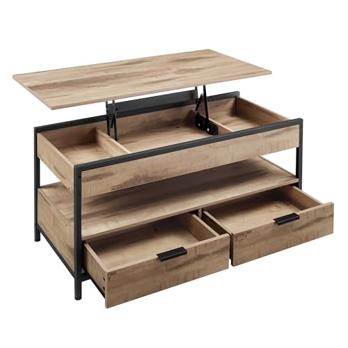 VASAGLE Mesa de Centro Elevable, Mesa de Salón, con Cajones de Almacenamiento, Compartimentos Ocultos y Estante Abierto, Marrón Camello y Negro Tinta LCT209K02