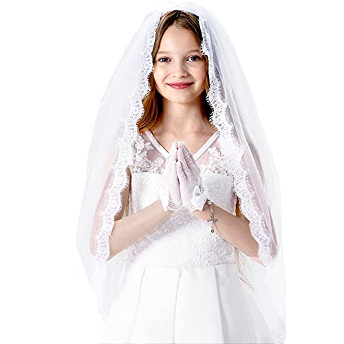 Girls First Communion Veil Lace Edge Holy White Mantilla Eyelash Floral Trim Mantilla Flower Girl Wedding Veils Chapel Vail Kids Veil with Comb4