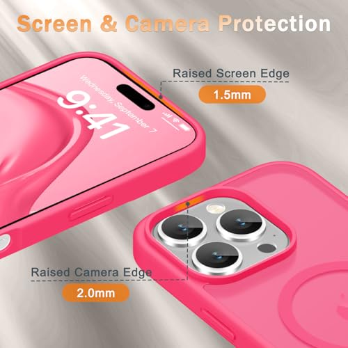 Image of YENAPOON for iPhone 16 Pro Max Case, Matte Magnetic Phone Cover [with 1 Screen Protector] [Support for MagSafe] [Shockproof Military Grade Protection] Translucent Frosted Back, Hot Pink