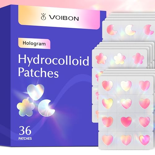 Voibon Hologram Pimple Patches for Face, Cute Hydrocolloid Acne Patches, Salicylic Acid & Tea Tree Colorful Heart Spot Stickers,Zits & Blemish,Blue Pink Moon Flower,Zit Patches,12MM(36 Count)