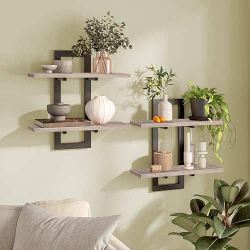 HOOBRO Schwebende Wandregale, 2-stufige Wandboard, Schweberegal 2er-Set, hängende Badezimmerregale, 38 cm Wandregale, für Wohnzimmer, Schlafzimmer, Küche, Greige EBG32BJ01