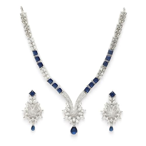 Image of ZENEME Rhodium Plated Brass Silver Toned Floral & Tear Drop Blue Crystal American Diamond Necklace With Earring Jewellery Set For Women