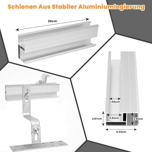 Solarmodul Halterung Ziegeldach Set Für 2 Module, Therlan Upgrade 200MM Aluprofil & Photovoltaik Dachhaken, Verstellbar Solar Halterung Anwendbar Solarmodule Dick 30-45mm, Solarpanel Halterung Set