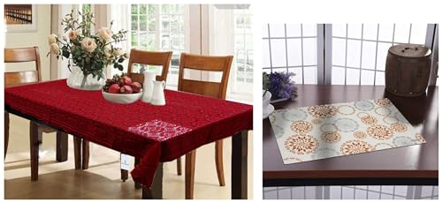 Image of Kuber Industries Dining Table Cover 6 Seater|Table Cover Cotton (Maroon) Design 6 Pieces PVC PVC 6 Piece Dining Table Placemat Set,White, Standard (Hs 37 Kubmart020139)