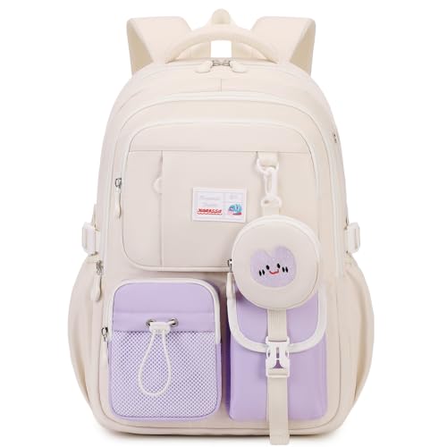 Tanou Cartable Fille Primaire et College, Respirant Sac a Dos Fille Adolescent 10 à 16 ans, Décontracté Oxford Tissu Sac d Ecole avec Petite Poche, Violet