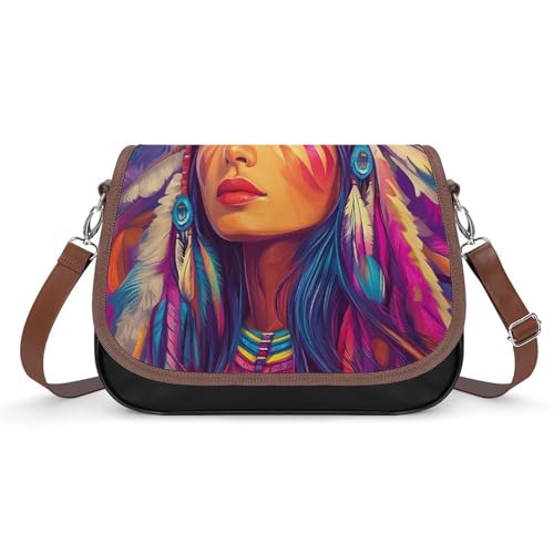 Native Am-erican Indian Woman Women's Crossbody Bags Leather Messenger Handbag Small Shoulder Bag Purse