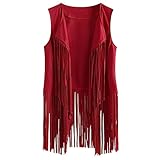 Fringe Vest Women Western Classic Tassel Cardigan Suede Leather Cowboy Shirt Vintage Sleeveless Fashion Hippie Vest Red