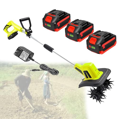 VFMVOYNZ Motoazada eléctrica para jardín, cultivadora, rotovator y motocultor con 2/4 Cuchillas, Ancho de Trabajo 10,5/25 cm, Profundidad 25/22 cm, batería 3×4000 mAh para Jardines, huertos(B)