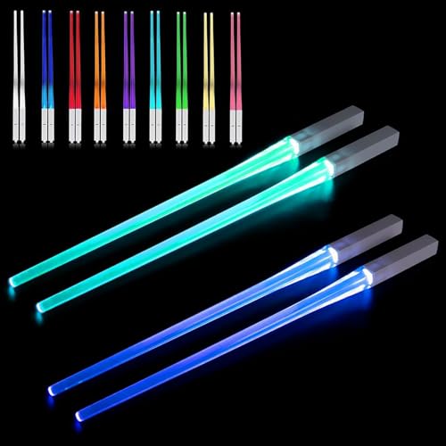 Baguettes Lumineuses 2 Paires Lightsaber Chopsticks avec 9 Modes de Couleur sans BPA Couverts Lavables Réutilisables pour la Cuisine et Les Dîners