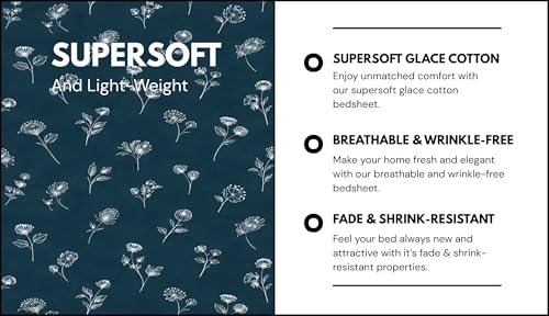 Image of Elastic Fitted King Size Bedsheet Cotton for Double Bed | 72 inchx78 inch +10 Inch, Floral, Soft & Breathable, Fade & Shrink Resistant, 2 Pillow Covers | Teal Meadow Whisper, Sea Teal