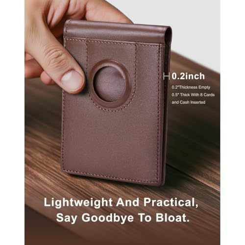 Genuine Leather Wallet for Men Slim Bifold with Built-in AirTag Holder RFID Blocking Design 8 Card Slots Minimalist Front Pocket Wallet Gift Box (Vintage Brown)2