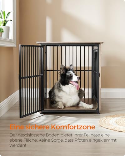 Feandrea Hundekäfig Möbel, Beistelltisch, Hundebox, Moderne Hundehütte Indoor für Hunde bis zu 32 kg, hochbelastbar, geschlossener Boden, Hundehaus 2 Türen, Greige meliert PFC023G01