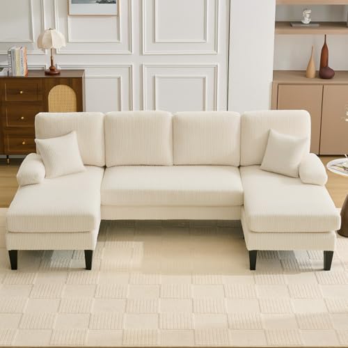 Image of 98 inch Sectional Couches for Living Room, U Shaped Couch with 18 inch Seat Height, 4 Seater Couch Set with Double Chaise for Apartment, Living Room Sofas, Corduroy, Beige