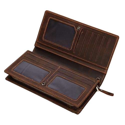 Genuine Leather Long Bifold Wallets for Men Slim RFID Blocking Vintage Zipper Card holder Wallet with Coin Pocket…
