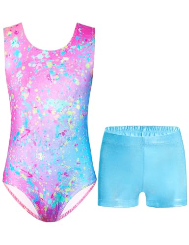 Nymphperi Girls Gymnastics Leotards Size 7-8 Years Old Colorful Graffiti Workout Bodysuits with Shorts