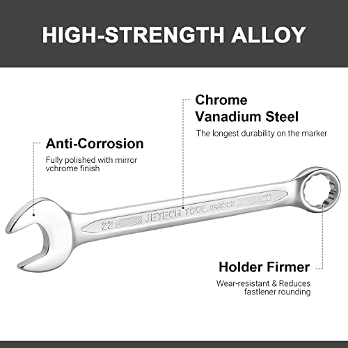 Image of Jetech 22mm Combination Wrench, Metric 12-Point Chrome Vanadium Steel Spanner, Industrial Grade with 15-Degree Offset, Sand Blasted Finish, Heat-Treated Forged Tool
