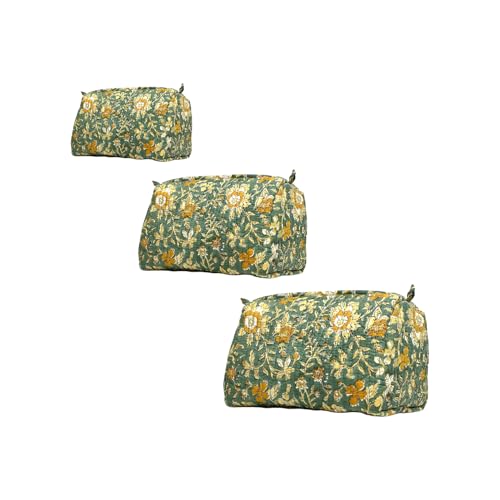 Cotton Hand Block Floral Print Toiletry Bag For Women Make Up Cosmetic Bag Jewelry Organizer Kit Storage Case Travel Accessories Essential Toiletries Purse Pouch (Green - Set of 3, Small Medium Large)