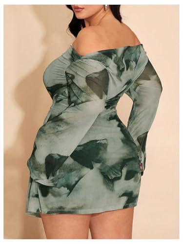 Image of SOLY HUX Women's Plus Size Off The Shoulder Tie Dye Mini Dress Flared Long Sleeve Bodycon Party Dress