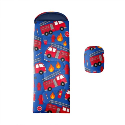Feelyou Cartoon Fire Truck Camping Sleeping Bags Fire Engine 3 Season Warm Cool Weather Sleeping Bags for Adults Kids Fireman Lightweight Waterproof